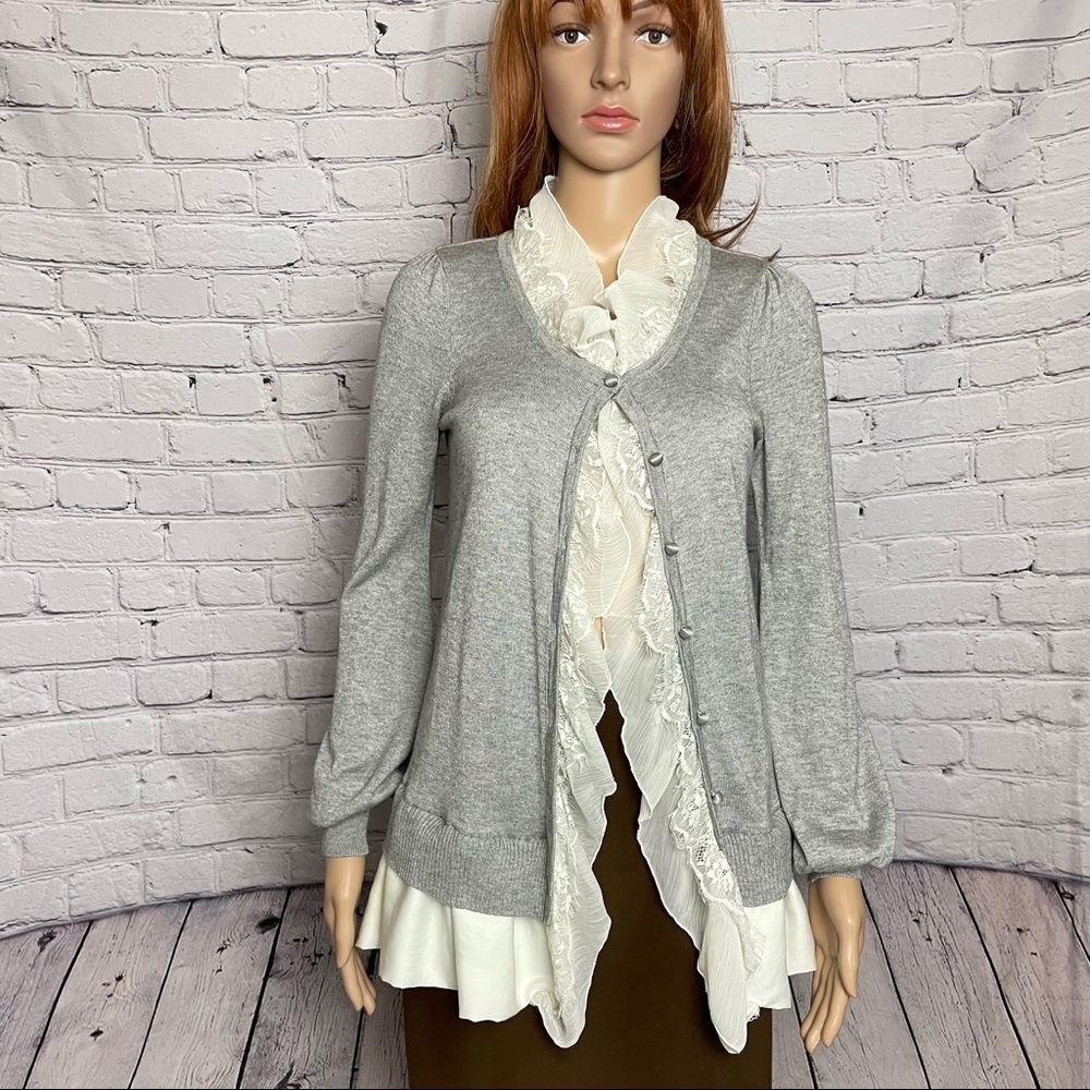 Plastic Island Rayon Wool Grey Cardigan With Lace Detail Size M
